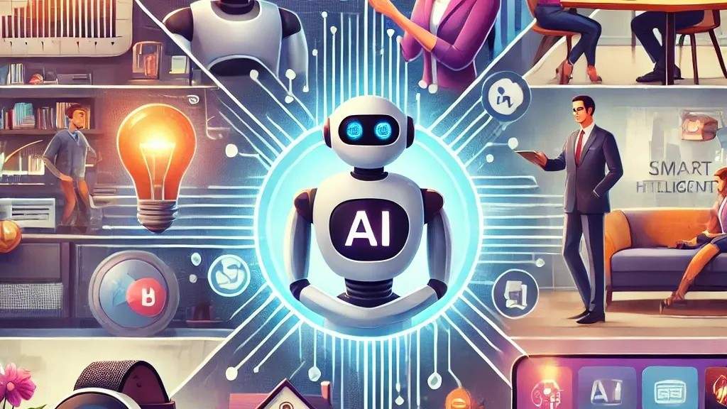 A futuristic illustration with a robot at the center labeled 'AI,' surrounded by a network of panels showing human interactions, research, and data, signifying integrated artificial intelligence.