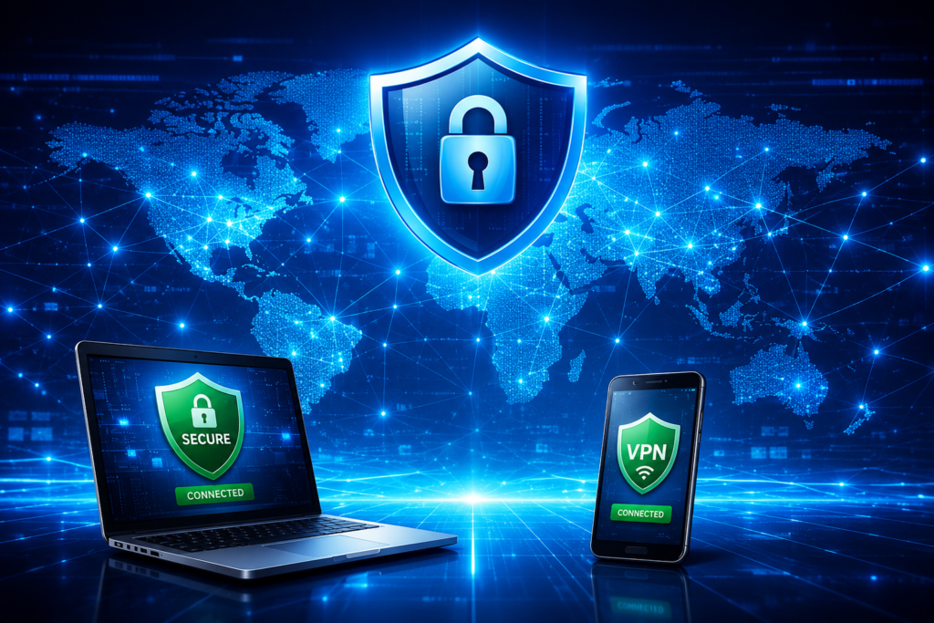 Cybersecurity and VPN protection illustration with secure laptop, smartphone, and global network shield.