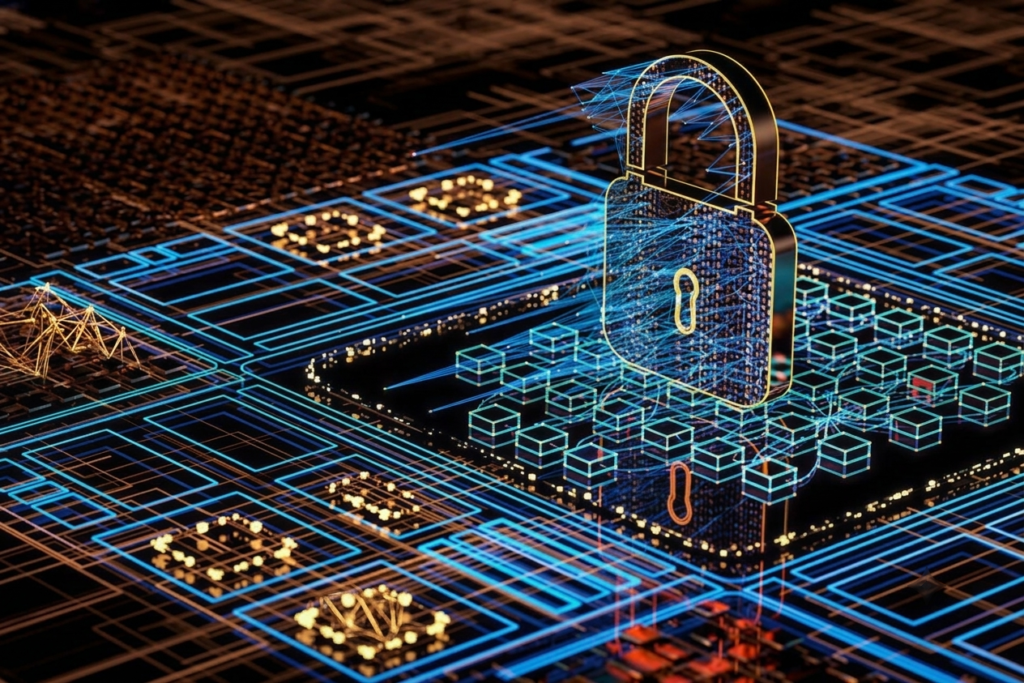 Digital circuit board par Glowing Neon Blue metallic padlock icon, jo cyber security aur data protection ko represent karta hai.