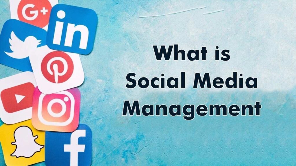 **Alt text:**
A bright blue textured background featuring popular social media logo icons stacked along the left side, with bold text on the right reading "What is Social Media Management".