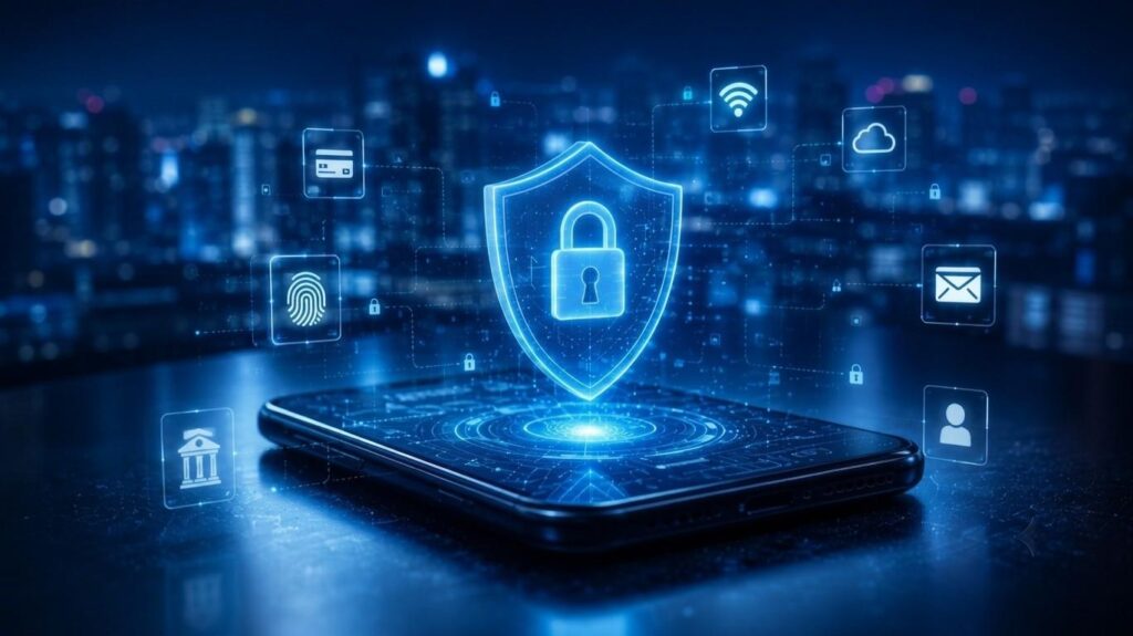 Alt text: A glowing blue holographic shield with a padlock floats above a smartphone, with other security-themed icons like a fingerprint and a cloud surrounding it. All set against a dark city skyline at night.