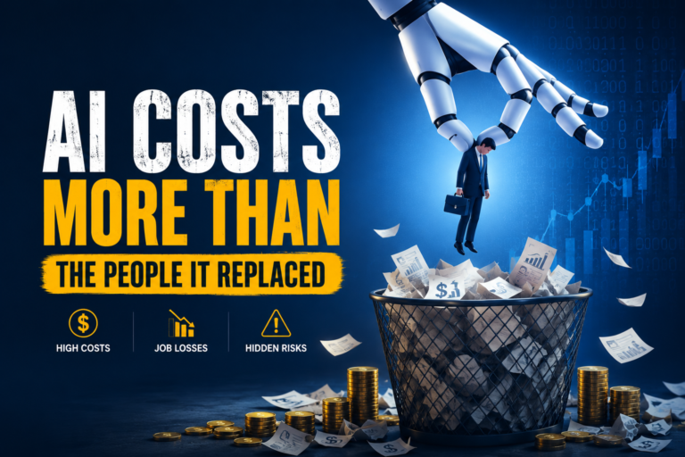 AI robot replacing a human employee while hidden costs and business expenses increase, concept illustration for AI automation costs in the workplace.