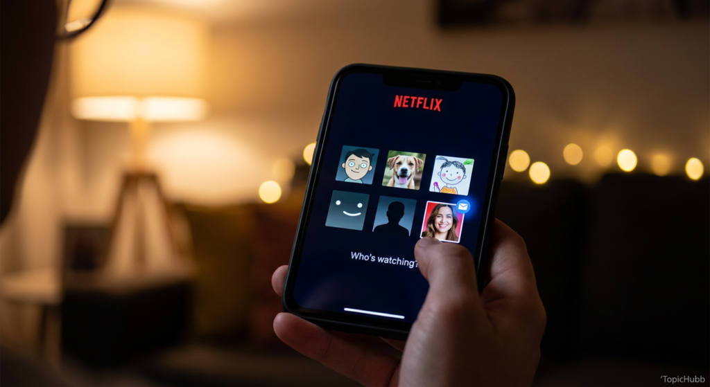 Netflix Who's Watching profile selection screen showing email verification badge