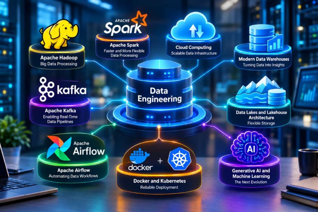 Data engineering technologies infographic showing Apache Hadoop, Spark, cloud computing, data warehouses, Kafka, data lakes, Airflow, Docker, Kubernetes, and generative AI connected to a central data engineering hub.